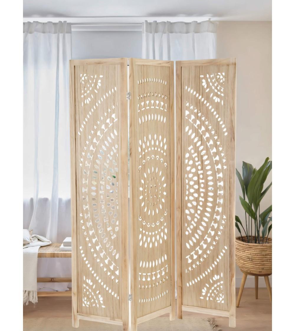 Dcasa Biombo Mandala Tallado De Madera De Paulonia Natural De 122x170 Cm