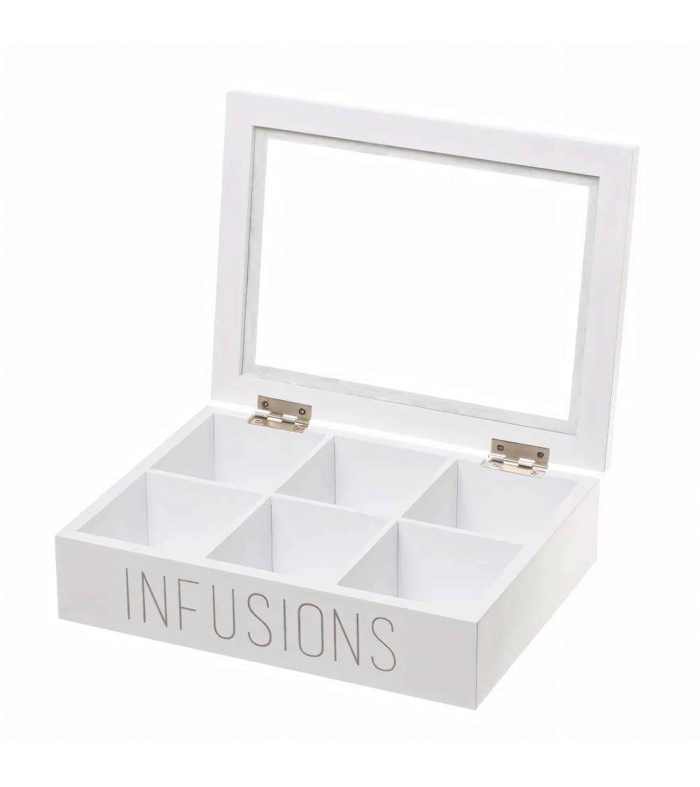 Dcasa Caja De Infusiones De 6 Compartimentos De Madera Y Cristal Blanca De 24x6x18 Cm