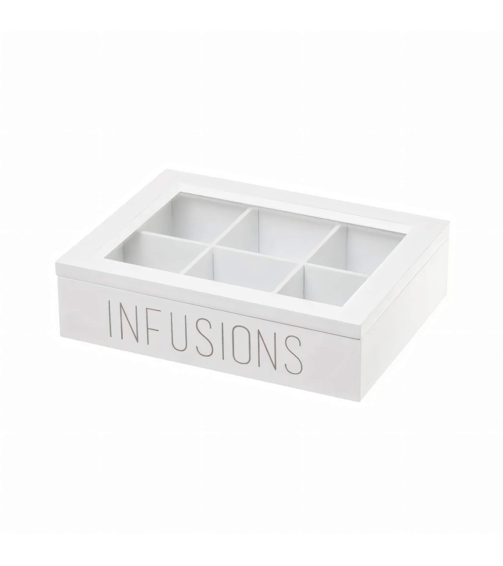 Dcasa Caja de infusiones de 6 compartimentos de madera y cristal blanca de 24x6x18 cm