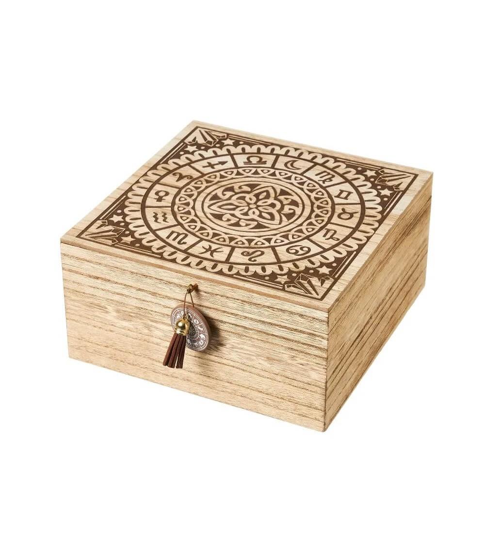Dcasa Caja de madera de horóscopos natural de 20x20x10 cm