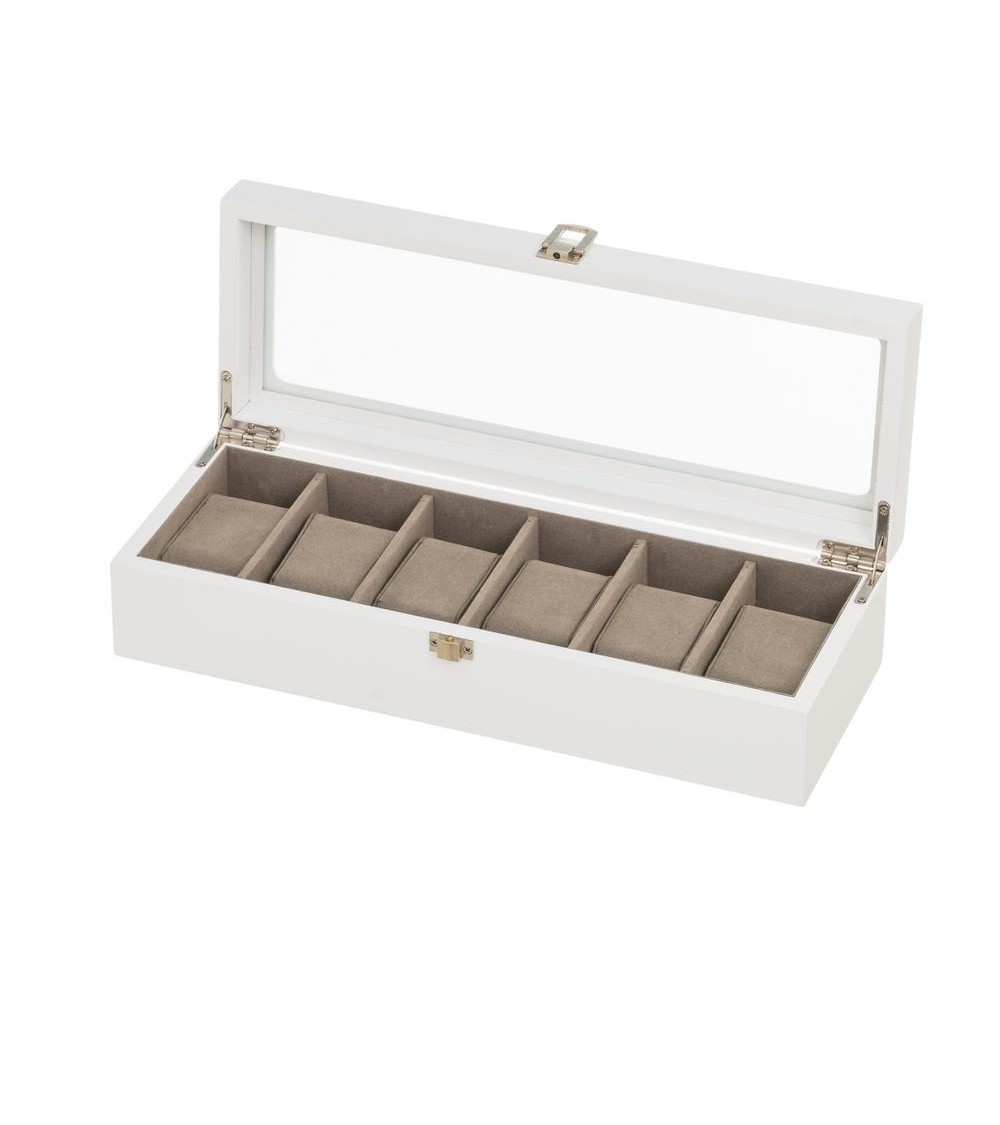 Dcasa Caja de relojes de madera blanco estuche de relojes con tapa de cristal y forro de terciopelo con 6 ranuras