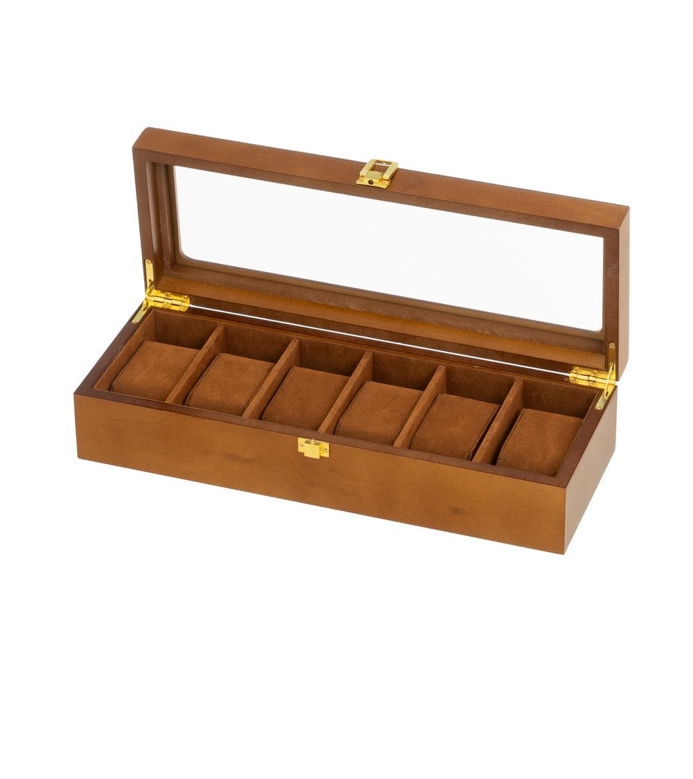 Dcasa Caja de relojes de madera marrón estuche de relojes con tapa de cristal y forro de terciopelo con 6 ranuras
