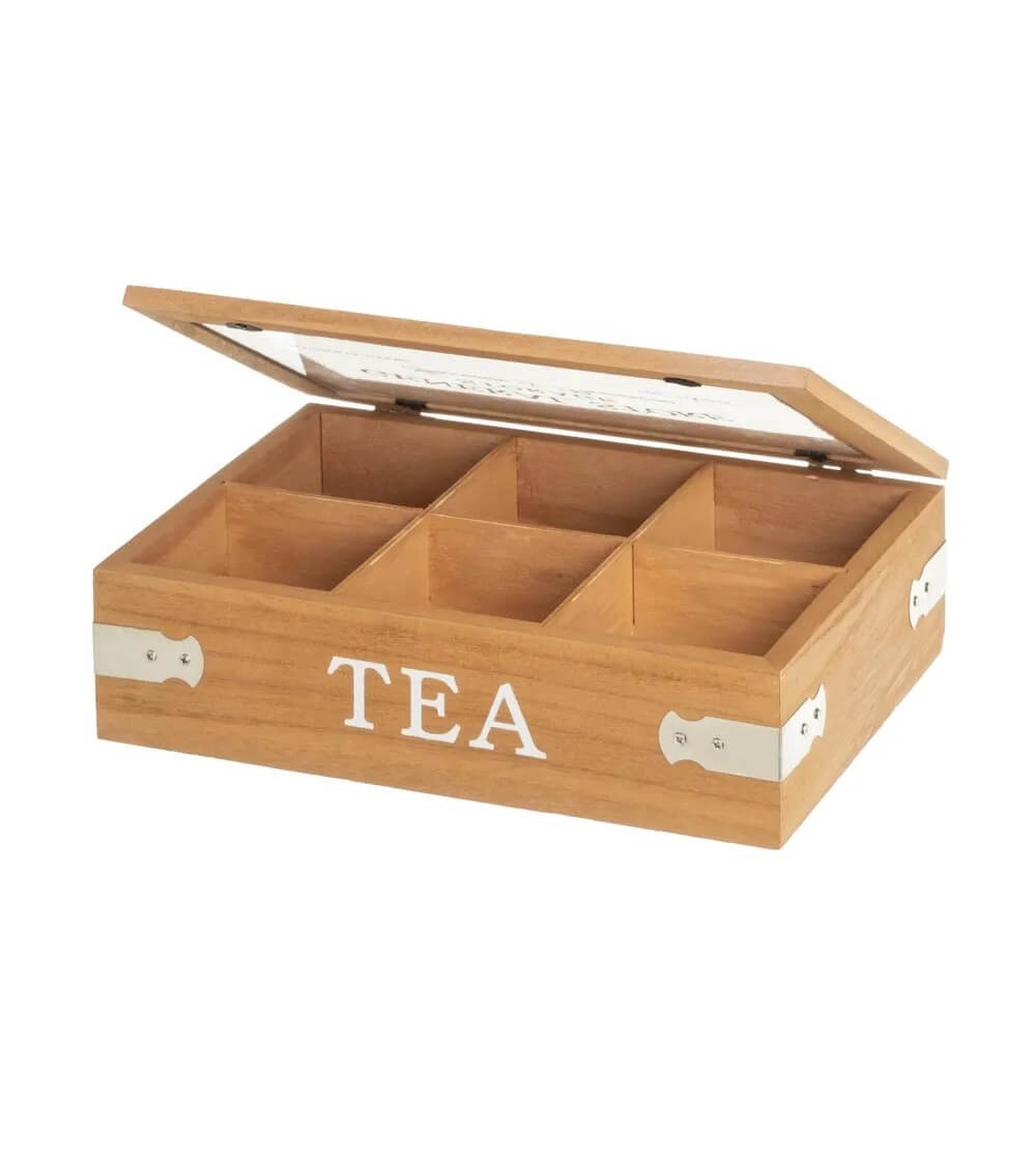 Dcasa Caja De Té De Madera Y Cristal Beige De 7x16x24 Cm