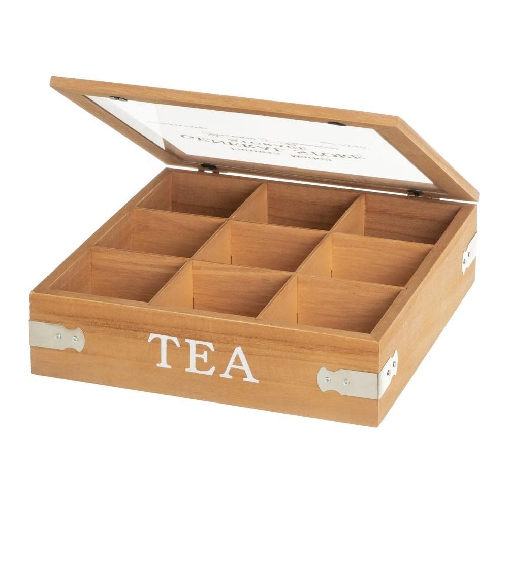Dcasa Caja De Té De Madera Y Cristal Beige De 7x24x24 Cm