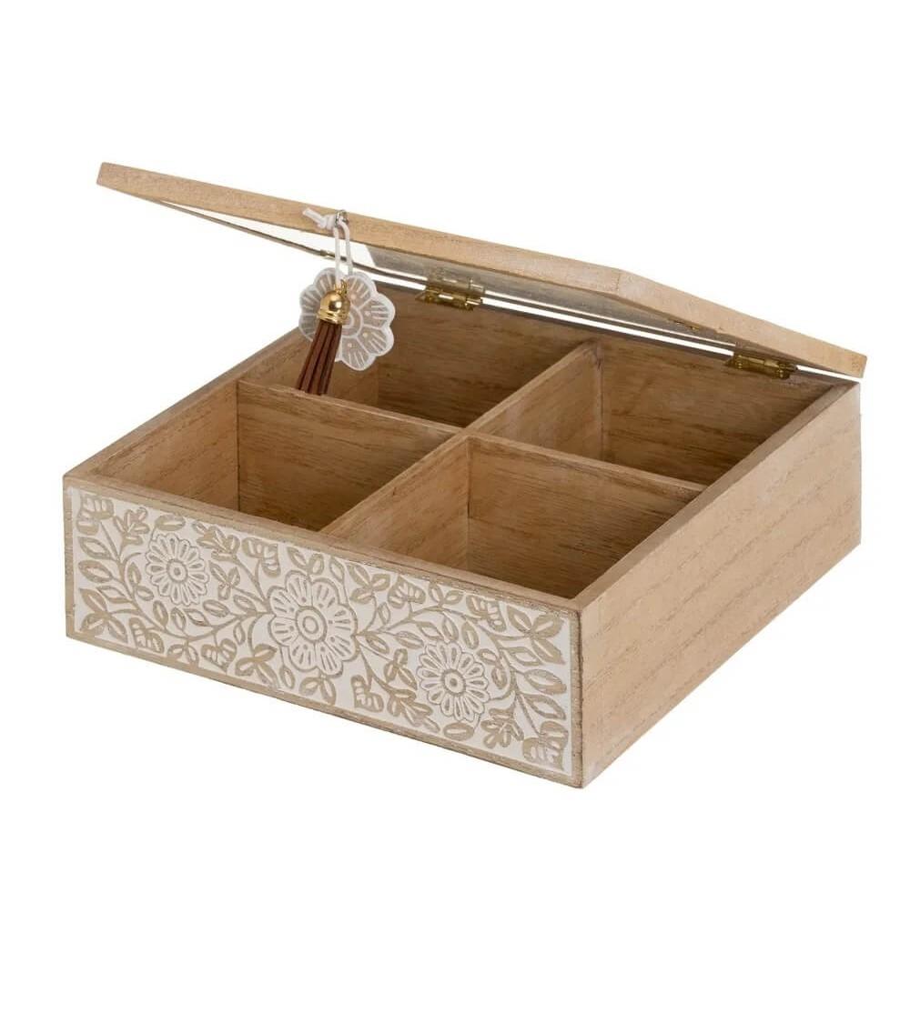 Dcasa Caja De Té De Madera Y Cristal Beige Flores De 20x21x7 Cm