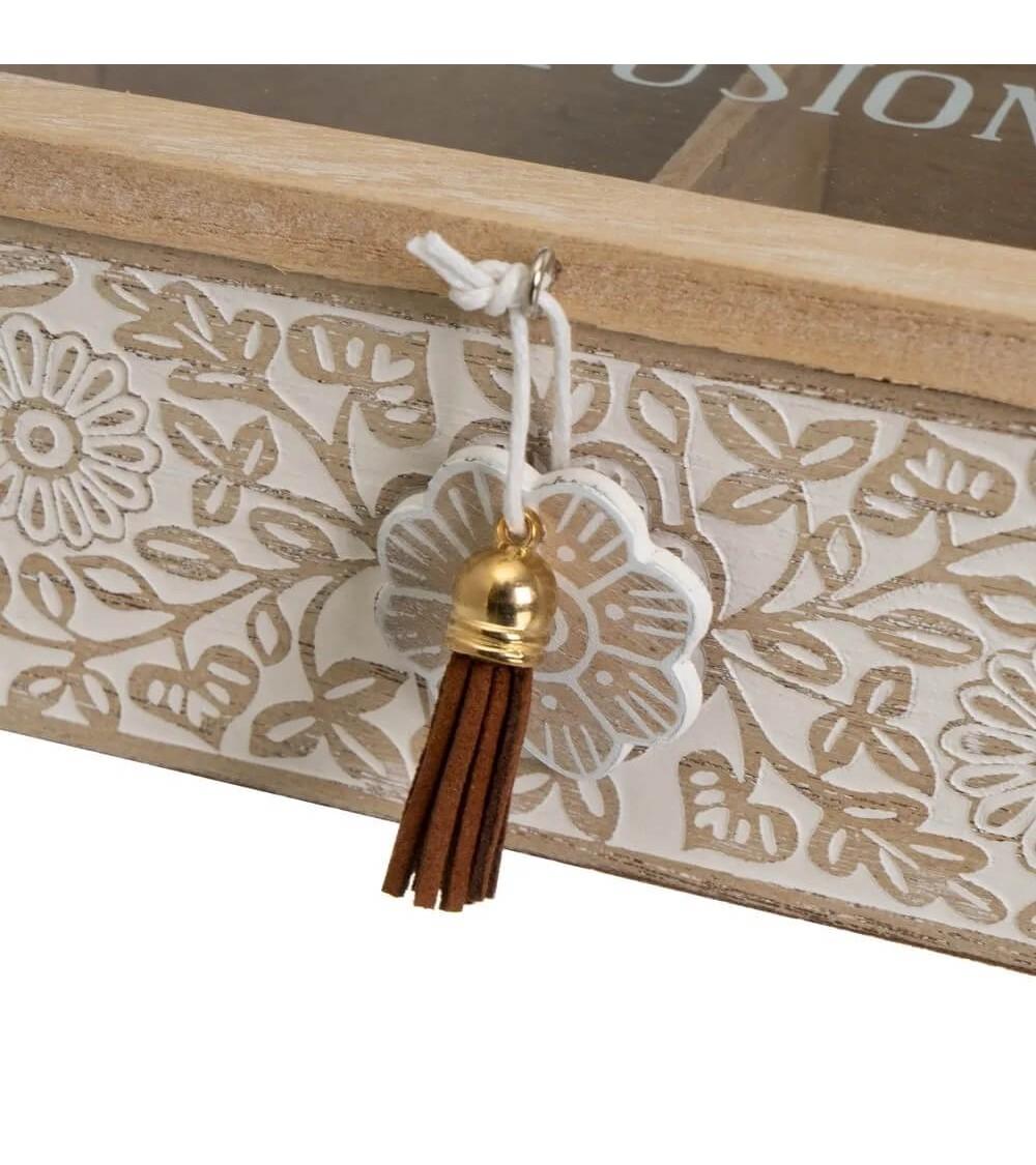 Dcasa Caja De Té De Madera Y Cristal Beige Flores De 20x21x7 Cm