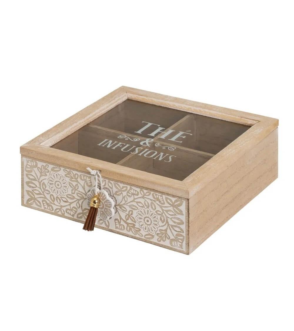 Dcasa Caja de té de madera y cristal beige flores de 20x21x7 cm