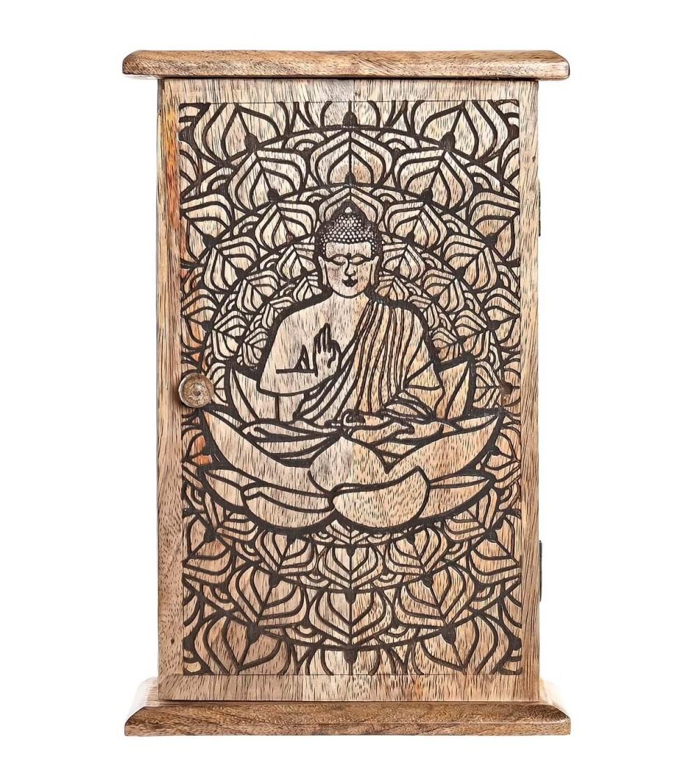 Dcasa Caja guardallaves buda de madera mango natural tallada con 6 colgadores