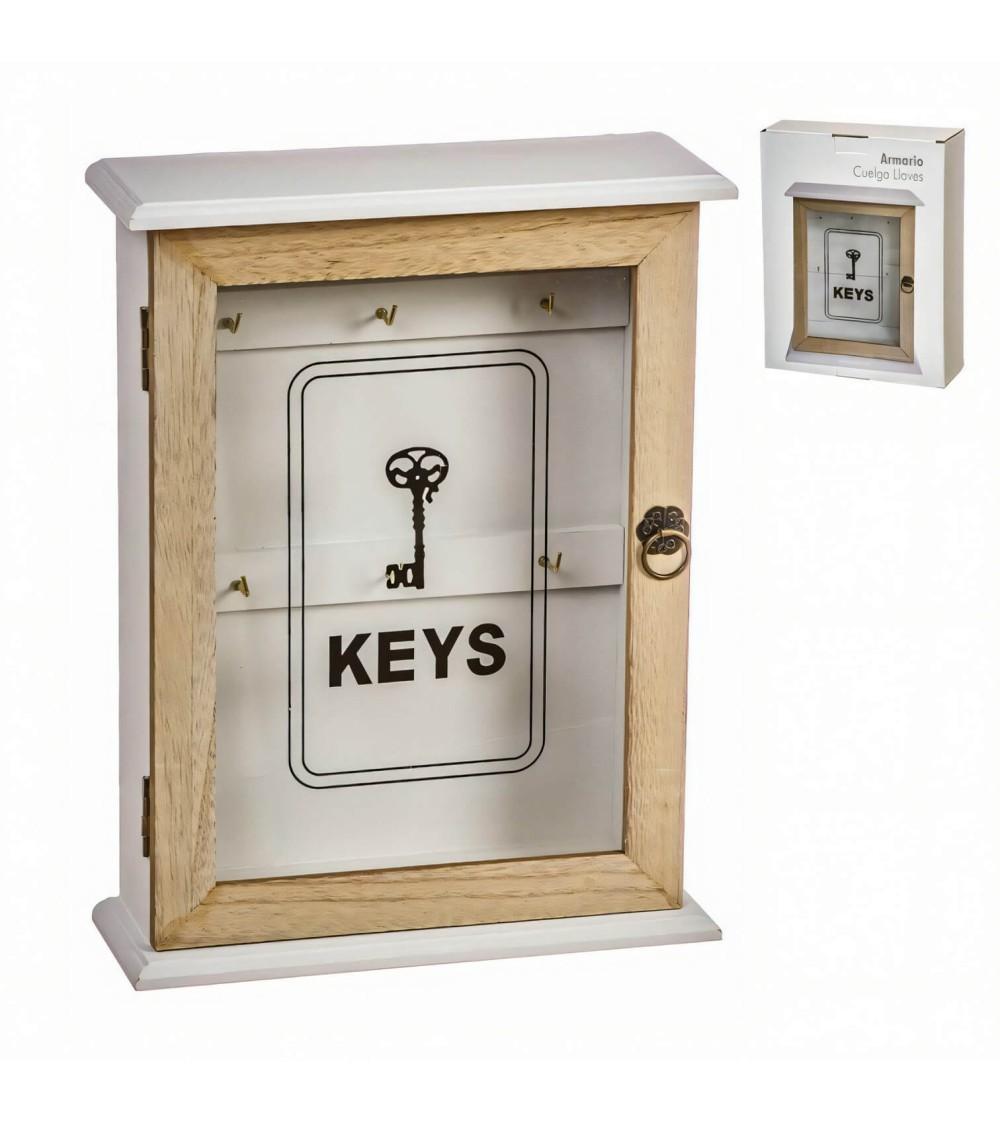 Dcasa Caja Guardallaves De Clasicos Keys Con 6 Colgadores De Madera Natural De 22x28 Cm