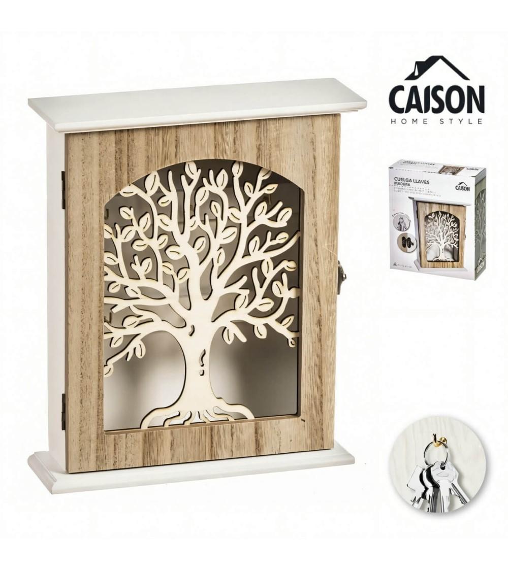Dcasa Caja Guardallaves De Pared Arbol De La Vida Con 6 Colgadores De Madera Natural De 20x24 Cm