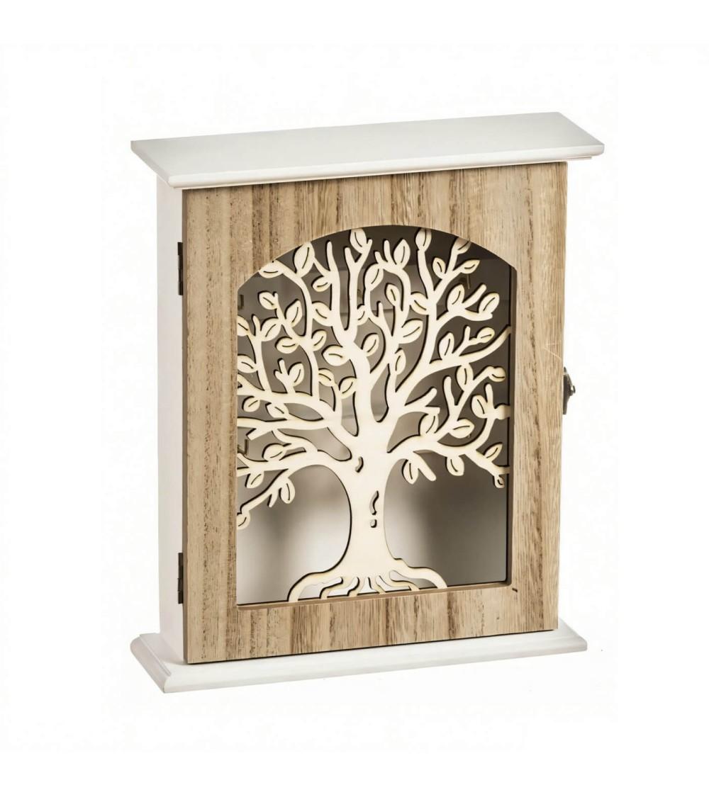 Dcasa Caja guardallaves de pared Arbol de la vida con 6 colgadores de madera natural de 20x24 cm