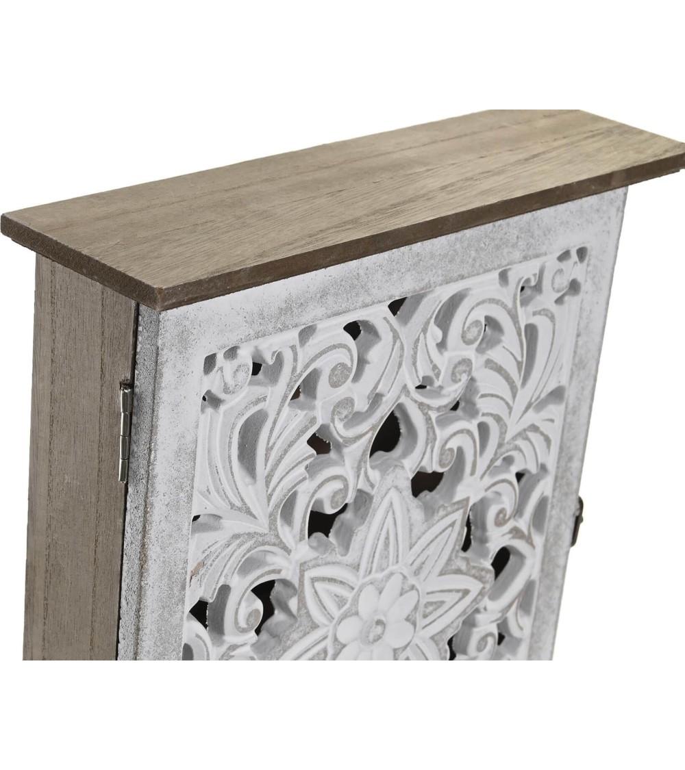 Dcasa Caja Guardallaves De Pared Madera Tallado Envejecido En Color Blanco 6 Colgadores