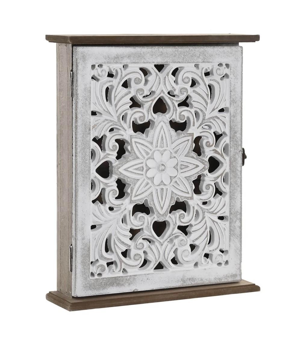 Dcasa Caja guardallaves de pared madera tallado envejecido en color blanco 6 colgadores