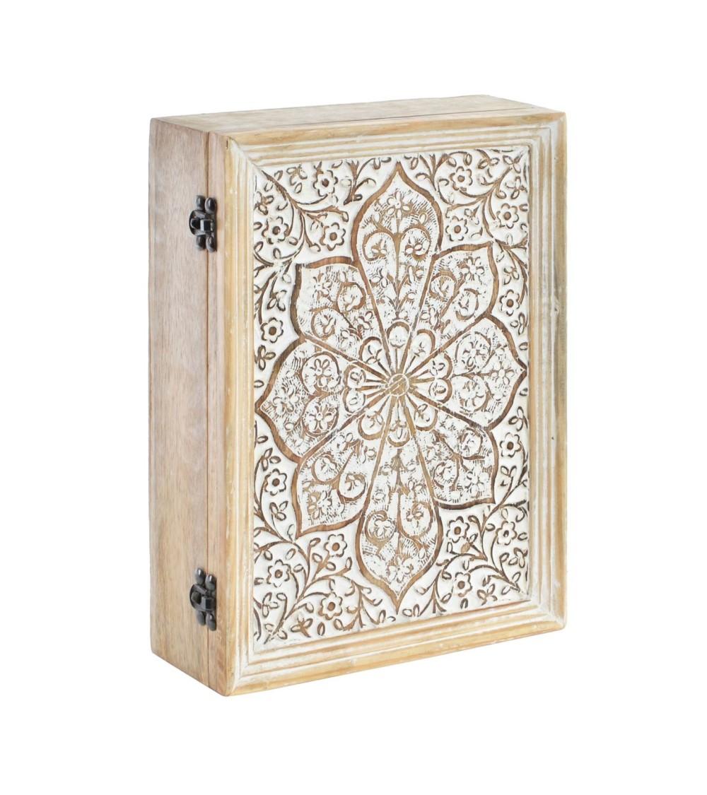 Dcasa Caja guardallaves de pared madera tallado floral en color madera natural con 9 colgadores