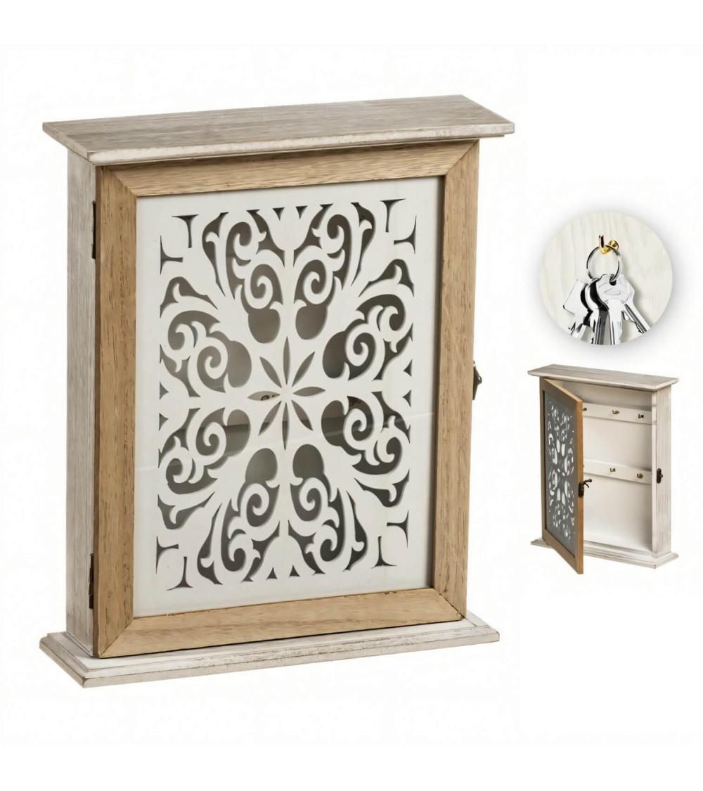 Dcasa Caja Guardallaves De Pared Mandala Con 6 Colgadores De Madera Natural De 24x29 Cm