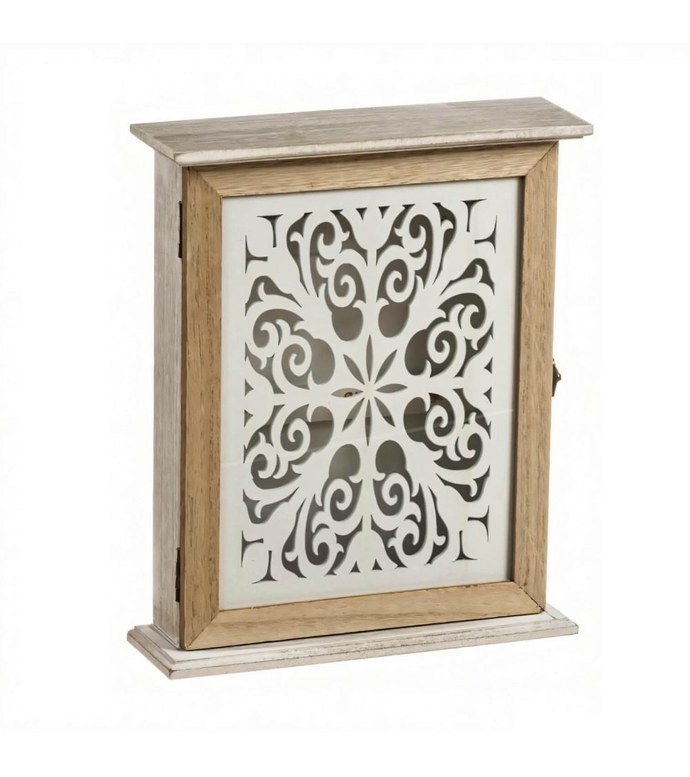 Dcasa Caja guardallaves de pared Mandala con 6 colgadores de madera natural de 24x29 cm