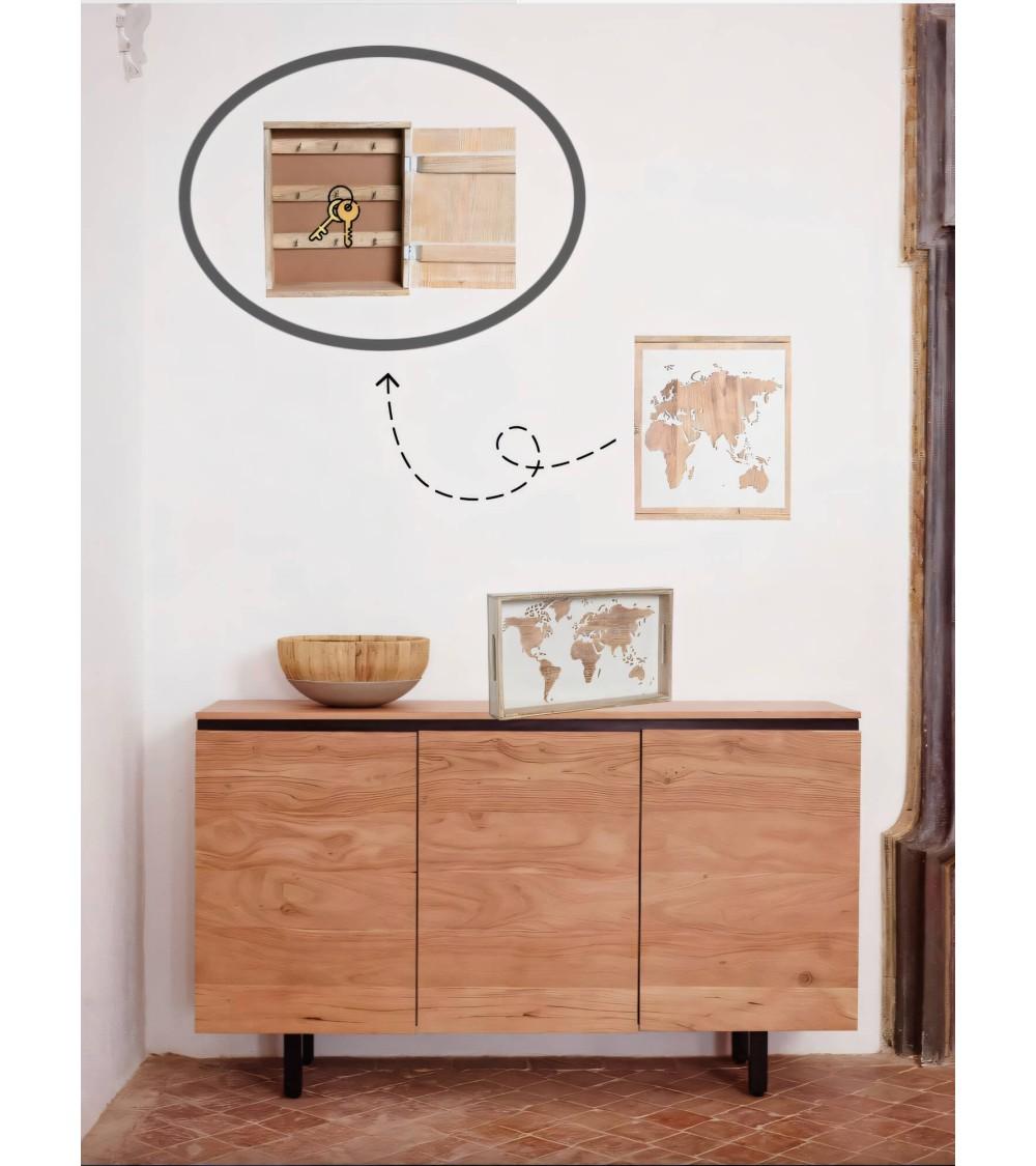 Dcasa Caja Guardallaves Mapamundo De Madera Mango Natural Con 9 Colgadores