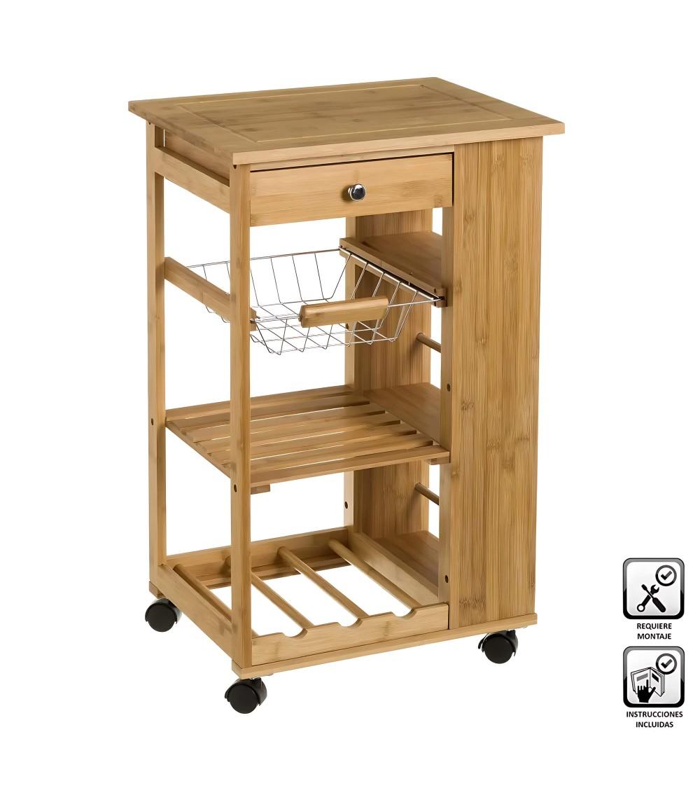Dcasa Carro de cocina botellero de bambú marrón de 48x38x76 cm