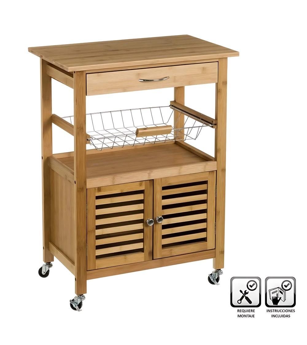Dcasa Carro de cocina con armario de bambú marrón de 60x36x80 cm