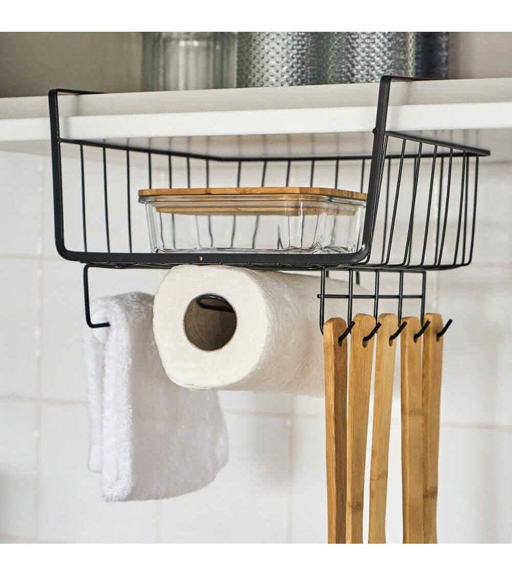 Dcasa Cesta Colgante De Metal Negra Para Estante Con Portarrollos De 29x24x18 Cm