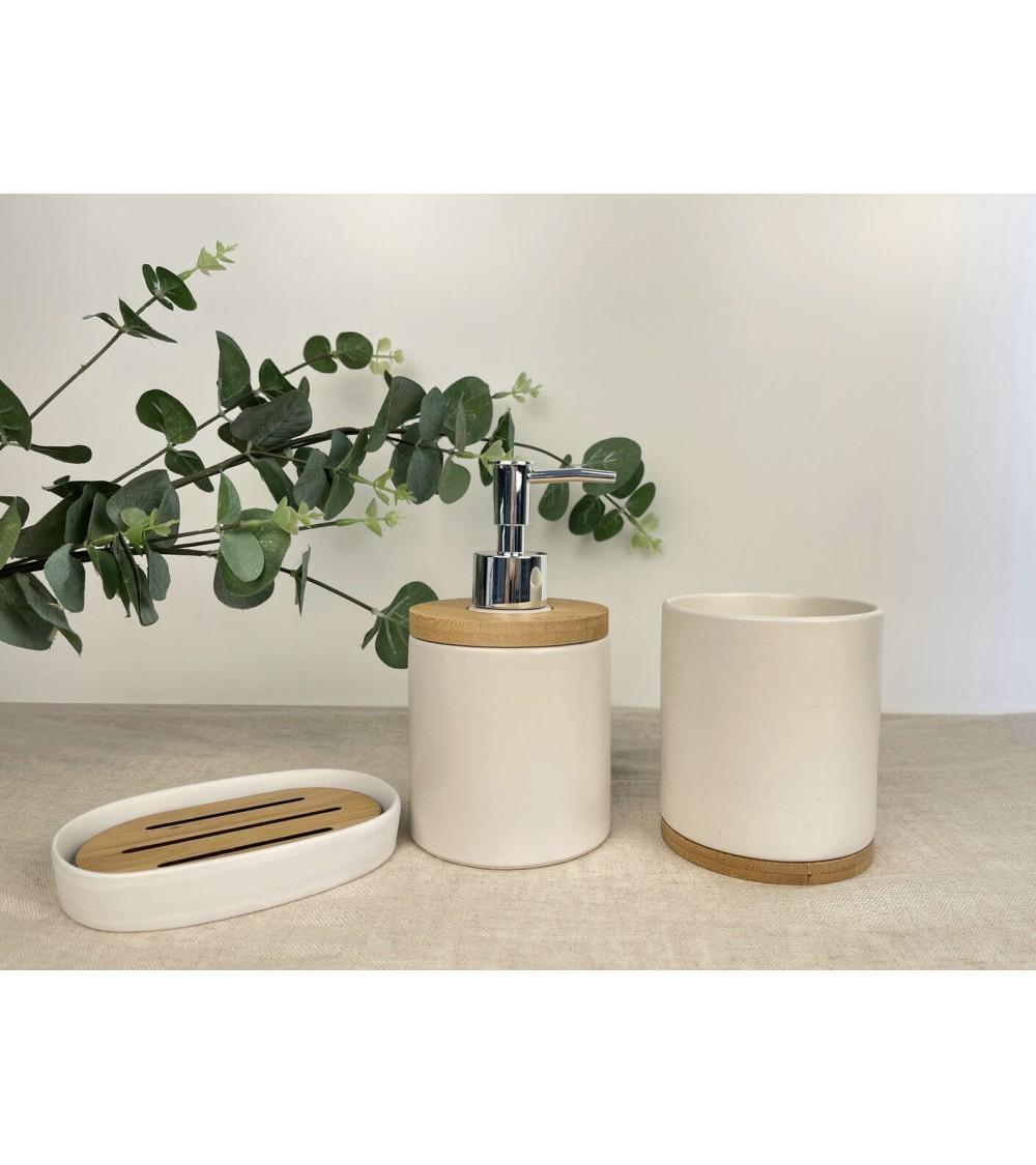 Dcasa Conjunto De Dispensador Jabonera Y Portacepillos De Madera Y Cerámica Nórdico Blanco