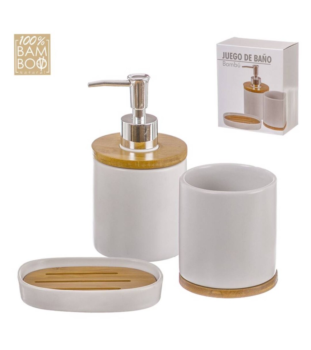 Dcasa Conjunto de dispensador jabonera y portacepillos de madera y cerámica nórdico Blanco