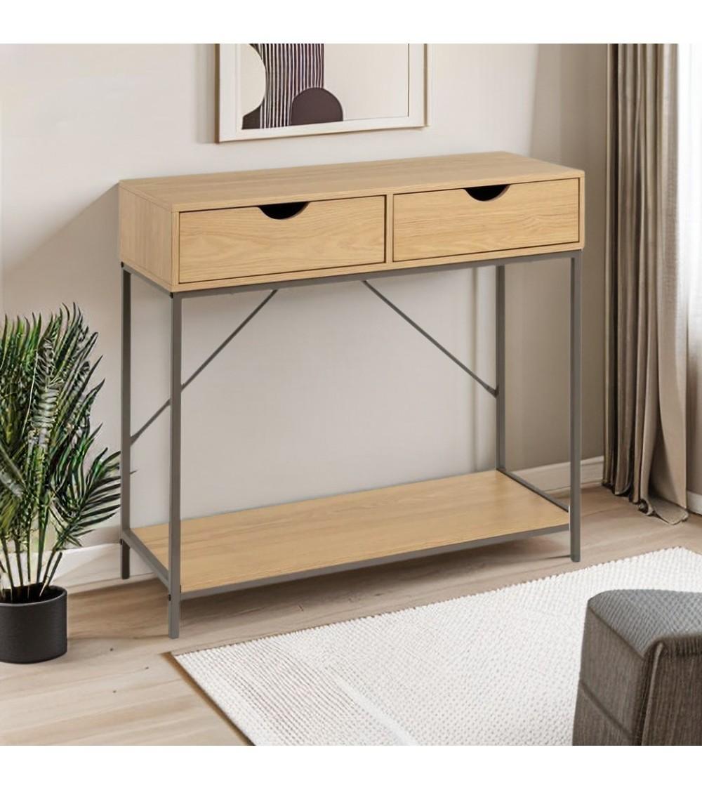 Dcasa Consola Cubo De Metal Con 2 Cajones De Madera Natural De 80x30x75 Cm
