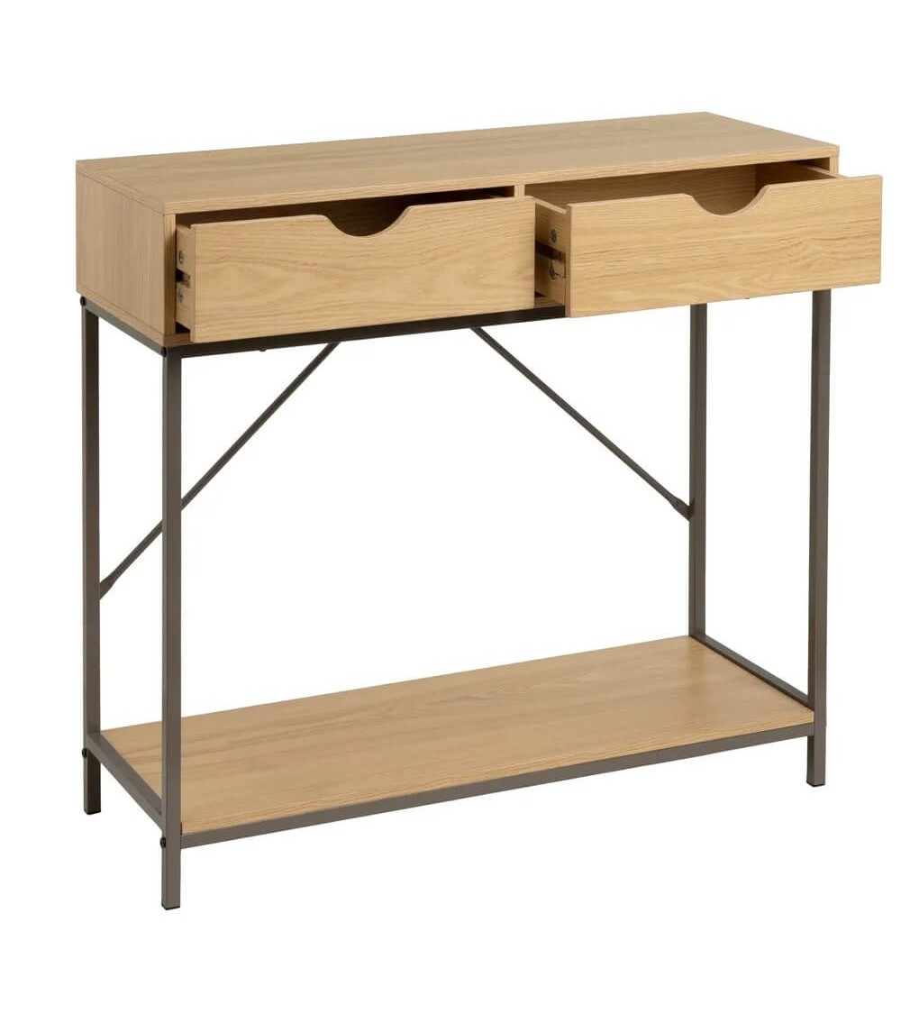 Dcasa Consola Cubo De Metal Con 2 Cajones De Madera Natural De 80x30x75 Cm