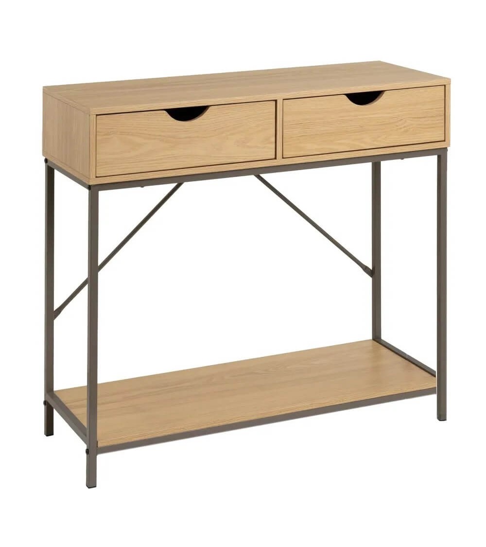 Dcasa Consola cubo de metal con 2 cajones de madera natural de 80x30x75 cm