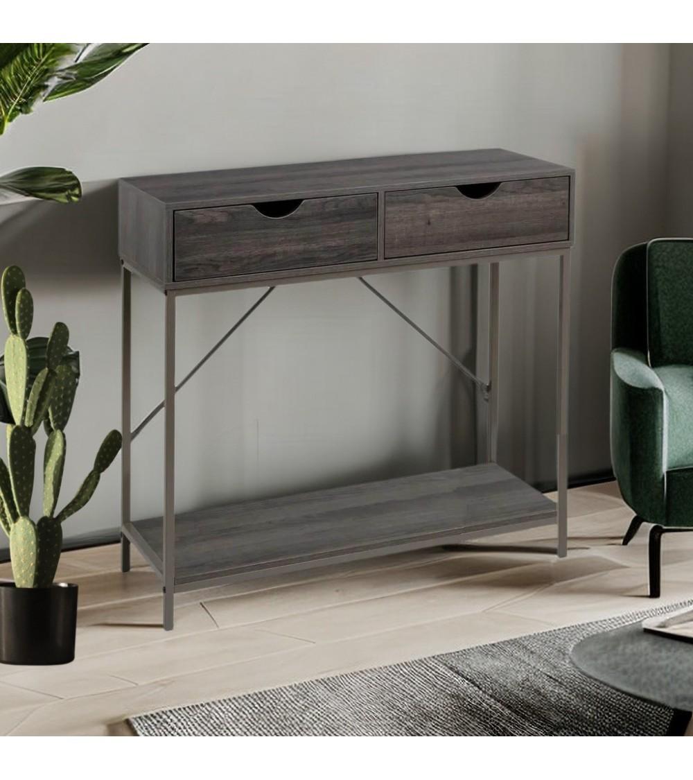 Dcasa Consola Cubo De Metal Gris Con 2 Cajones De Madera De 80x30x75 Cm