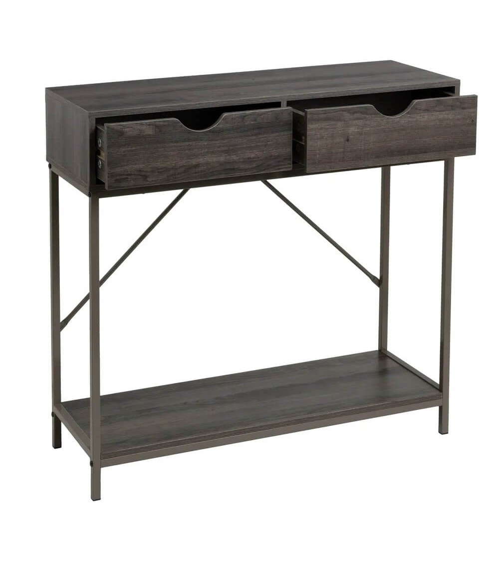 Dcasa Consola Cubo De Metal Gris Con 2 Cajones De Madera De 80x30x75 Cm