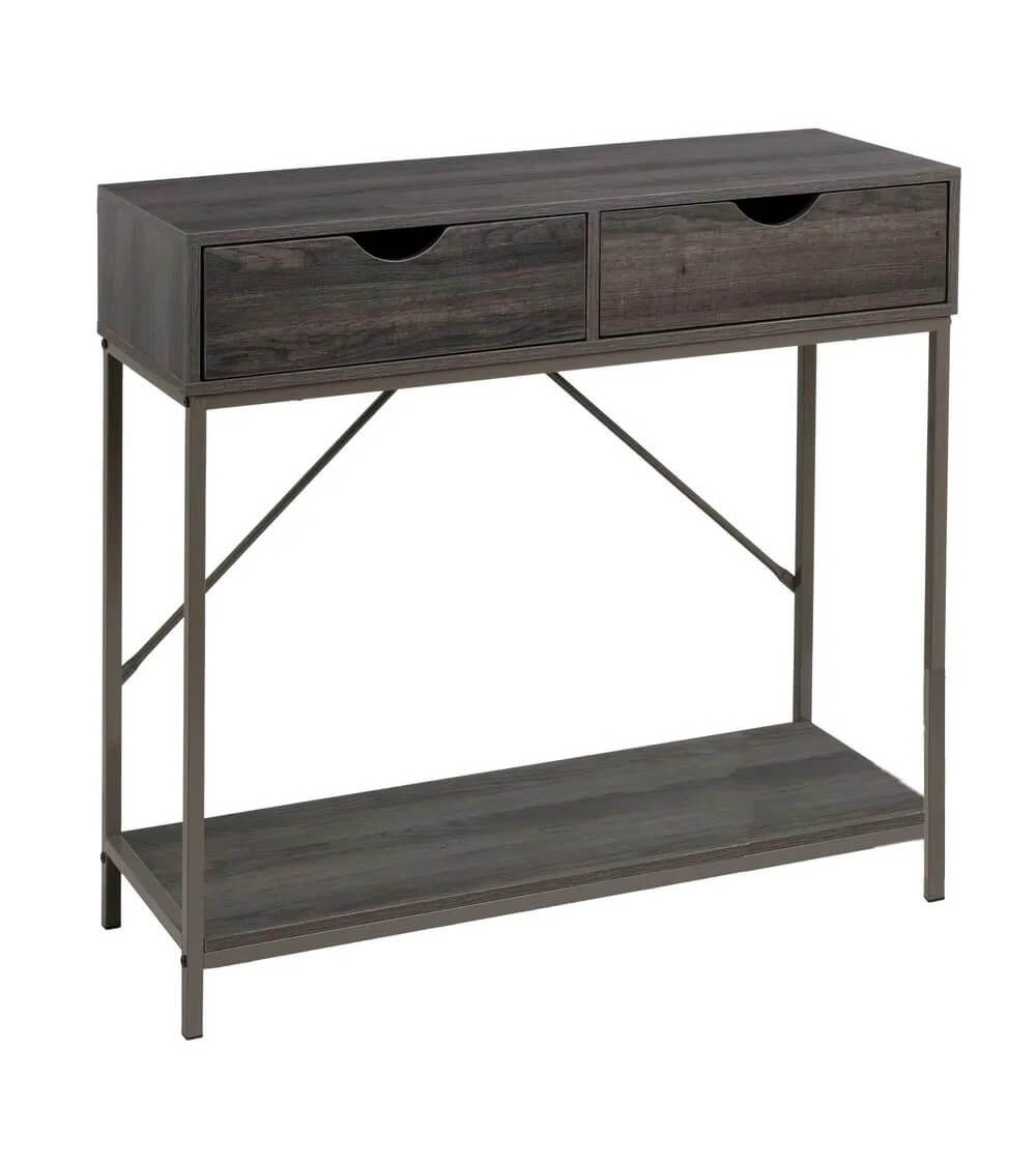 Dcasa Consola cubo de metal gris con 2 cajones de madera de 80x30x75 cm