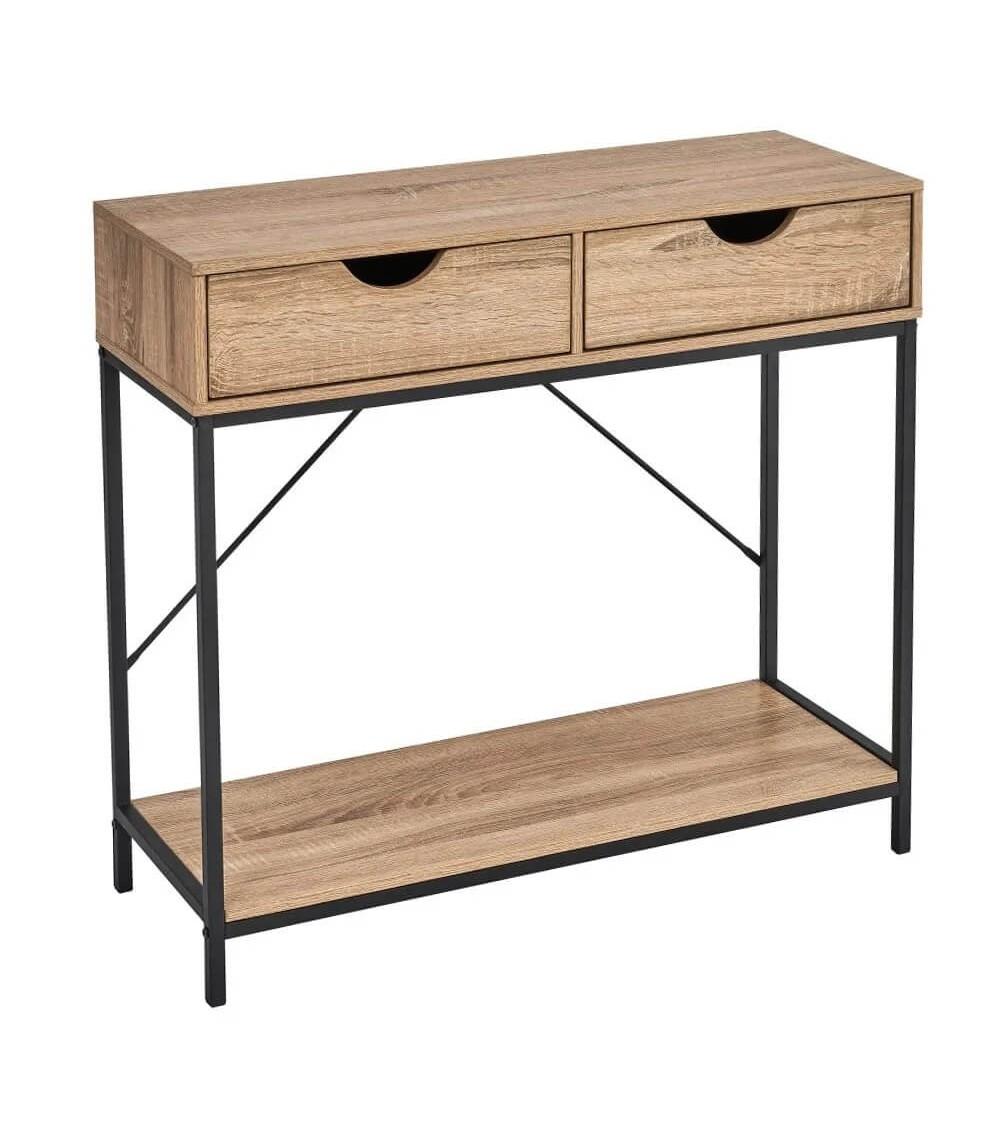 Dcasa Consola de 2 cajones y estante de color natural claro de madera y metal de 80x30x75 cm