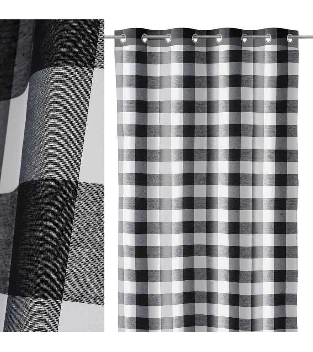 Dcasa Cortina de cuadro vichy blanca y negra de tela de poliésterde 140x260 cm