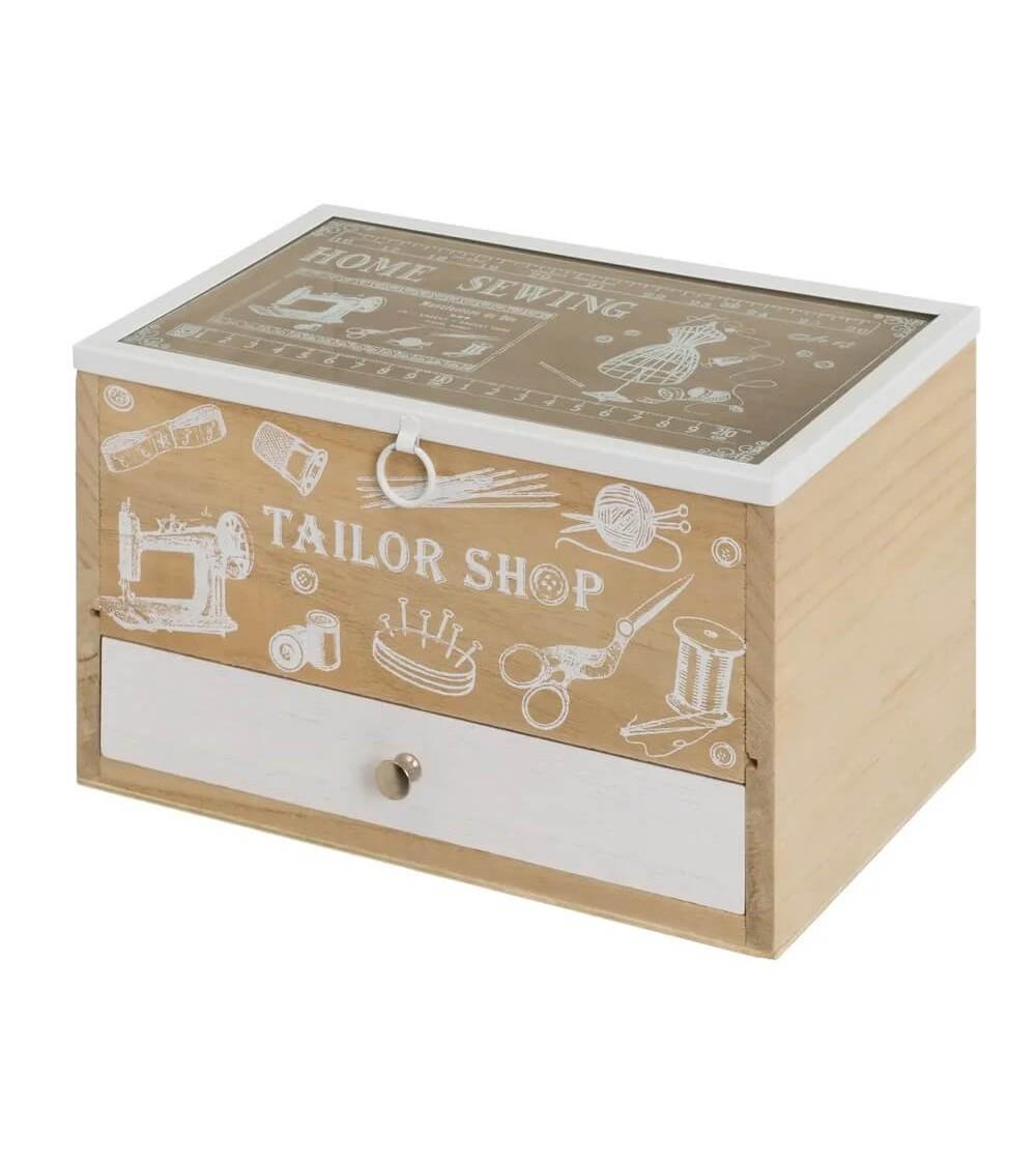 Dcasa Costurero de madera con tapa cristal nordico 24x16x15 cm