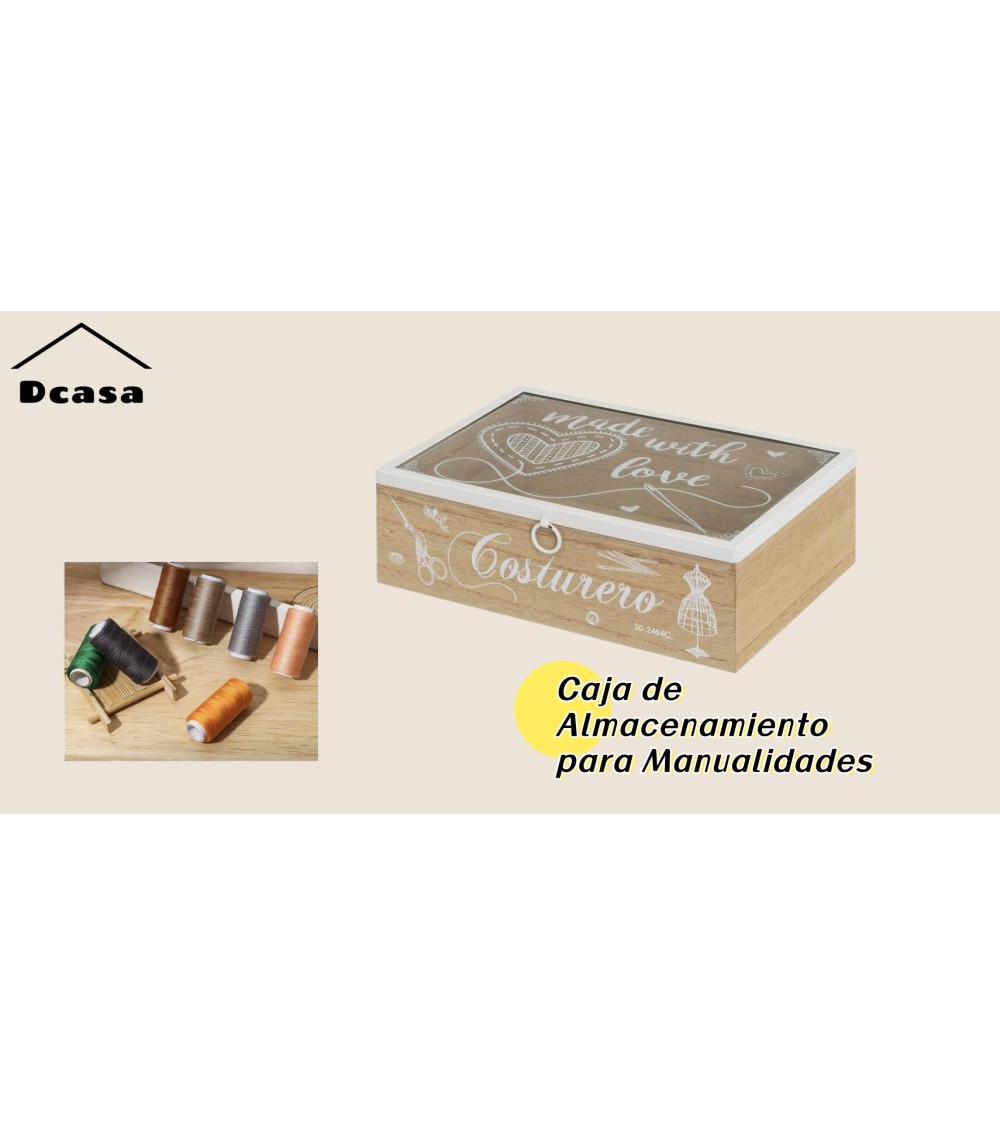 Dcasa Costurero De Madera Con Tapa Cristal Nordico 25x17x8 Cm