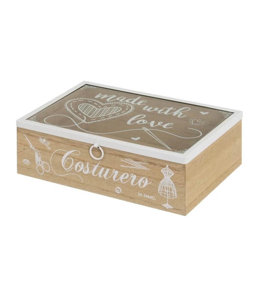 Dcasa Costurero de madera con tapa cristal nordico 25x17x8 cm