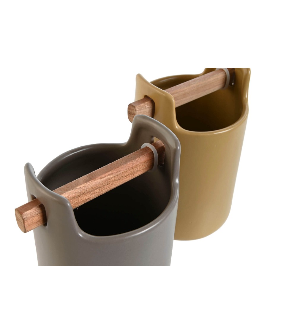 Dcasa Cubertero Portátil Gres Con Soporte Acacia Color Beig Para Mesa Cocina