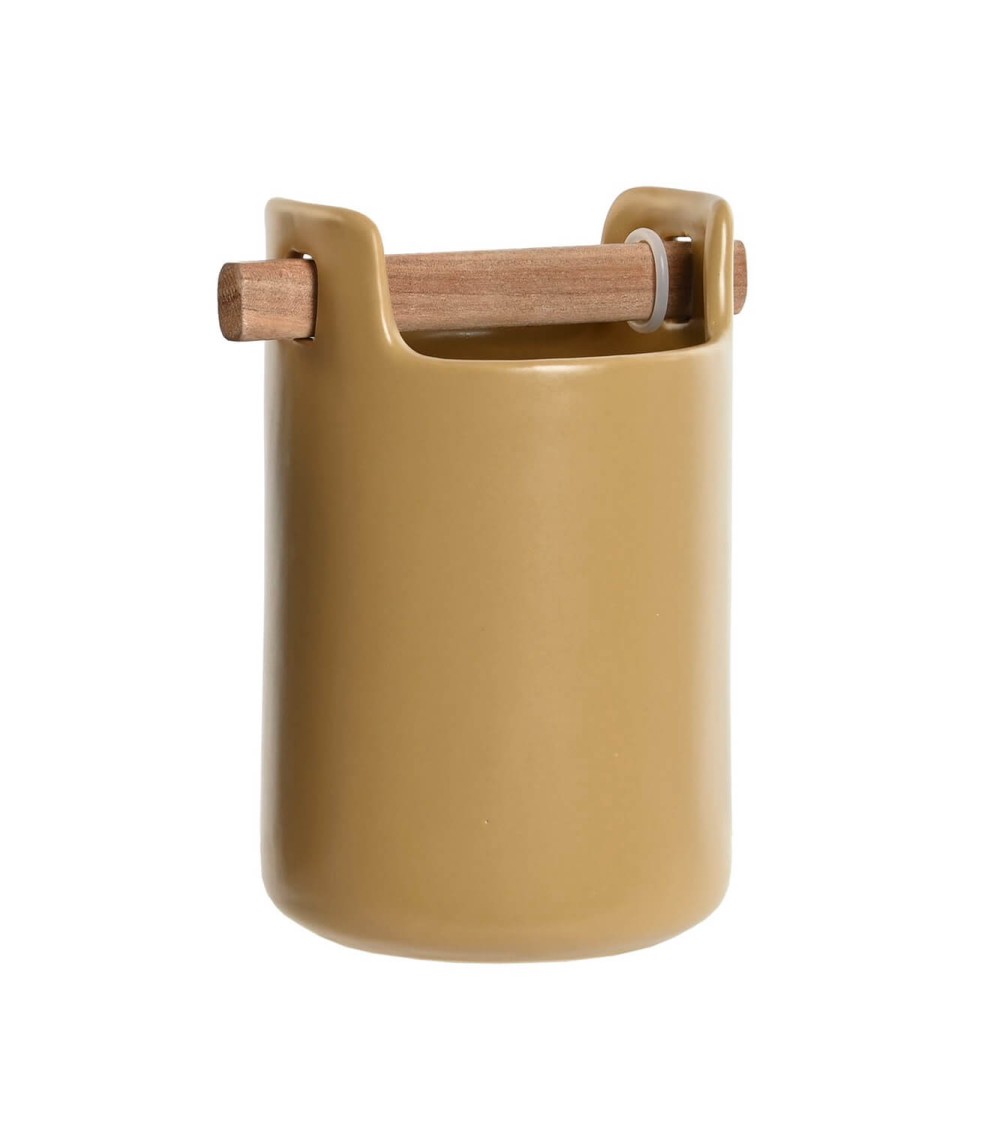 Dcasa Cubertero portátil gres con soporte acacia color beig para mesa cocina