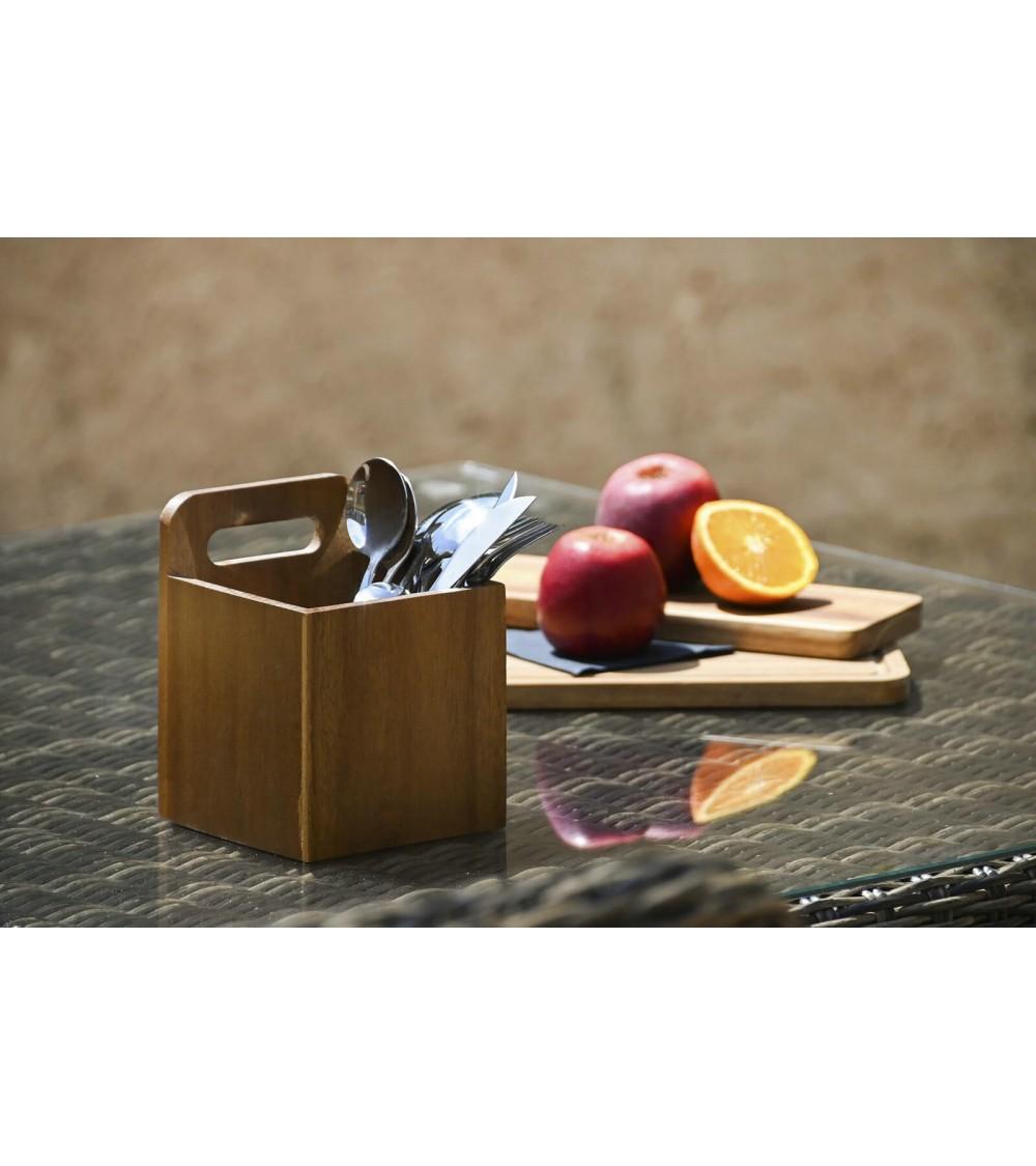 Dcasa Cubertero Portátil Marrón Rústico De Acacia Natural De 13x13x17 Cm