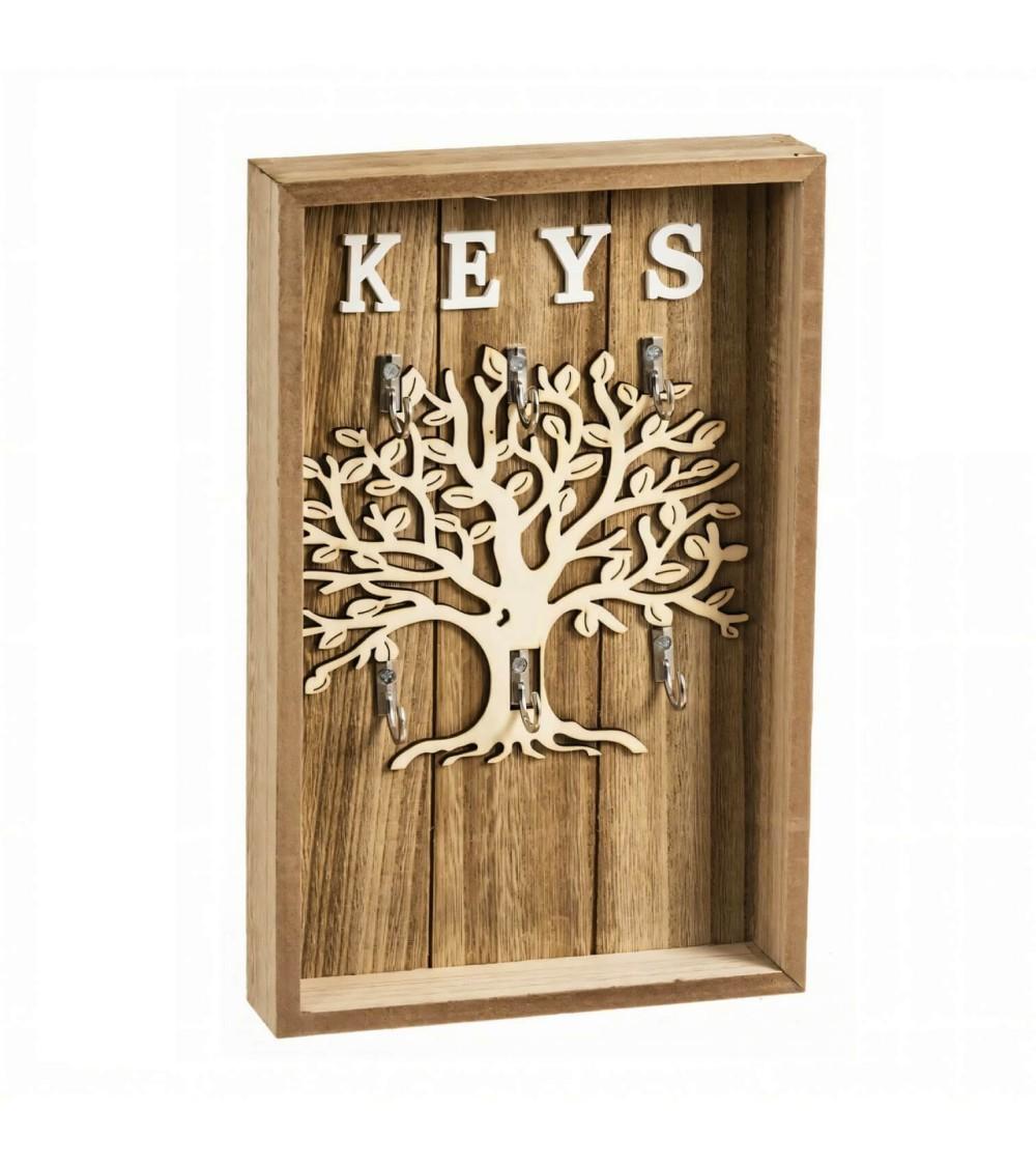 Dcasa Cuelga llaves de pared Arbol de la vida con 6 colgadores de madera natural de 18x28 cm
