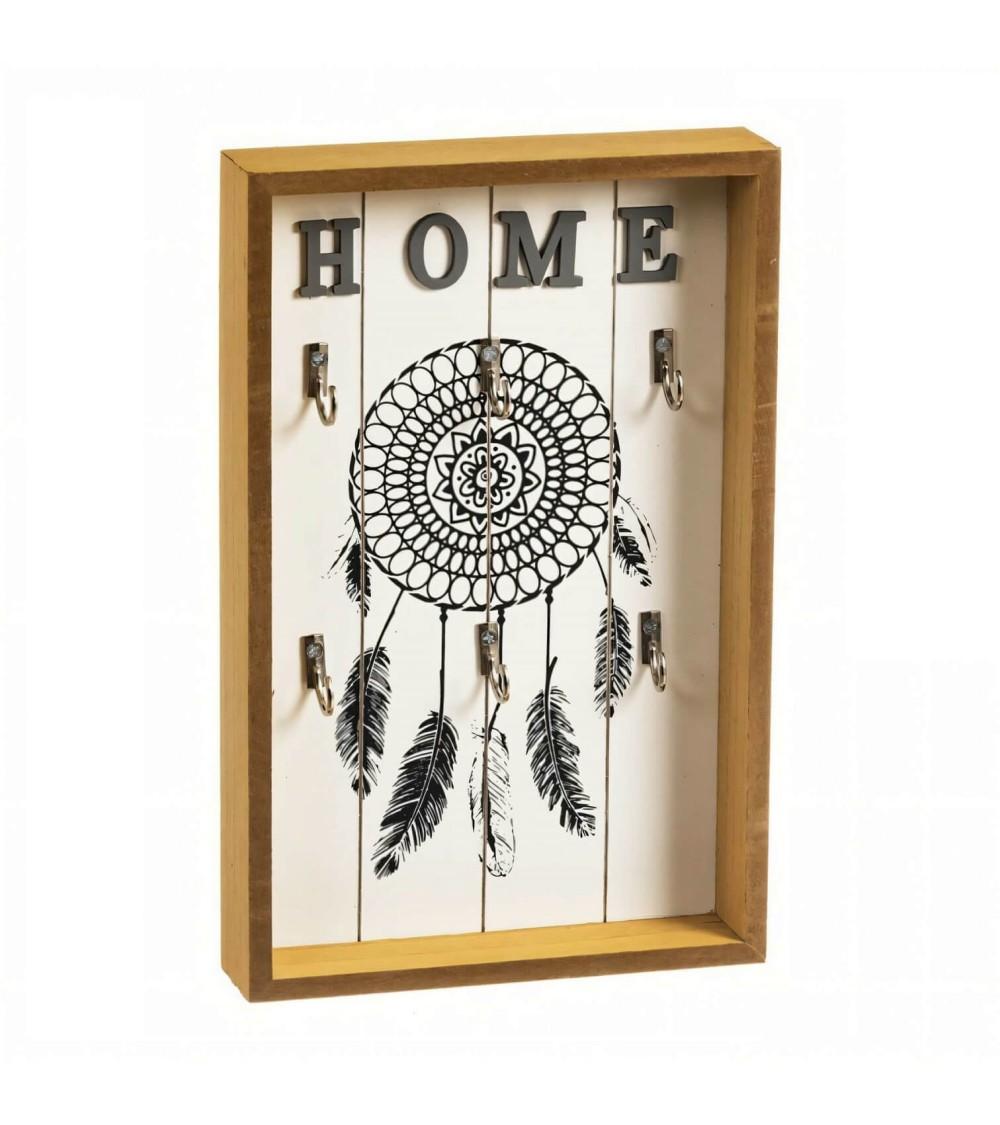 Dcasa Cuelga llaves de pared Boho con 6 colgadores de madera natural de 18x28 cm
