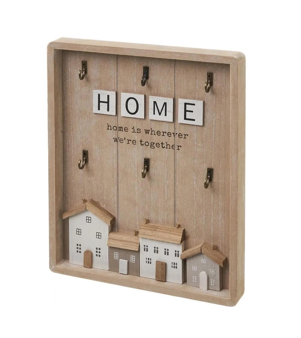 Dcasa Cuelga llaves Home con 6 colgadores de madera natural de paulonia de 24x30 cm