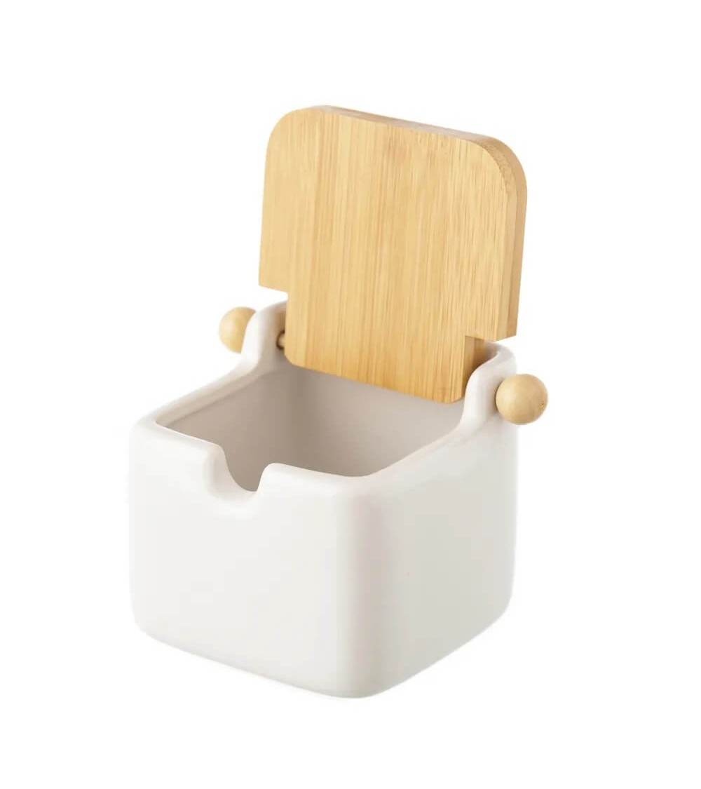 Dcasa Azucarero Blanco "stoneware" Con Tapa De Bambú