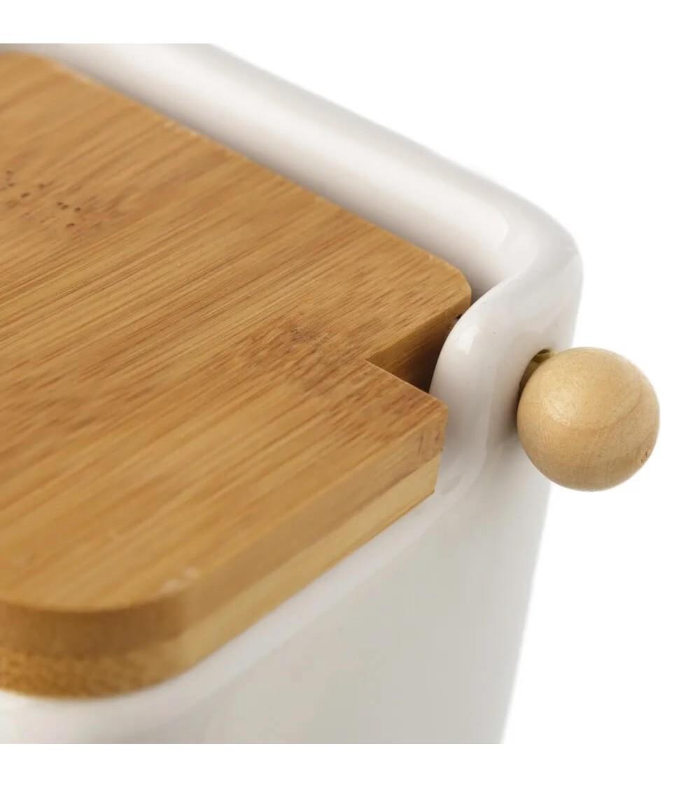 Dcasa Azucarero Blanco "stoneware" Con Tapa De Bambú