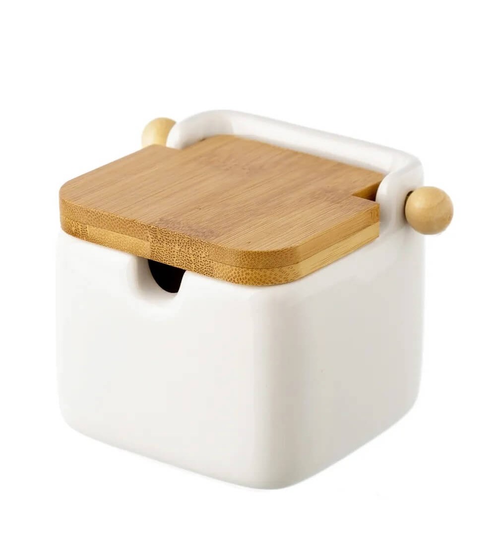 Dcasa Azucarero blanco "stoneware" con tapa de bambú