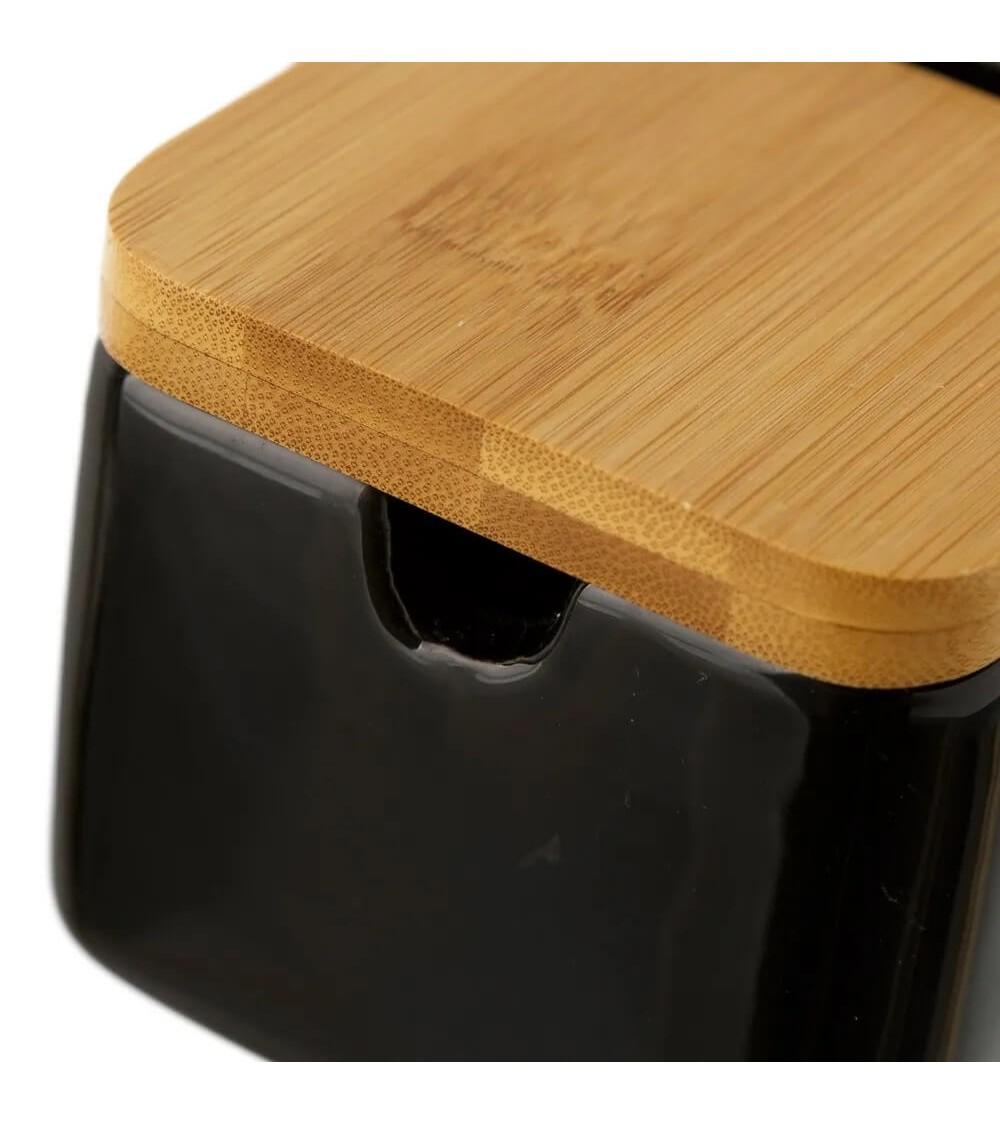 Dcasa Azucarero Negro Stoneware Con Tapa De Bambú