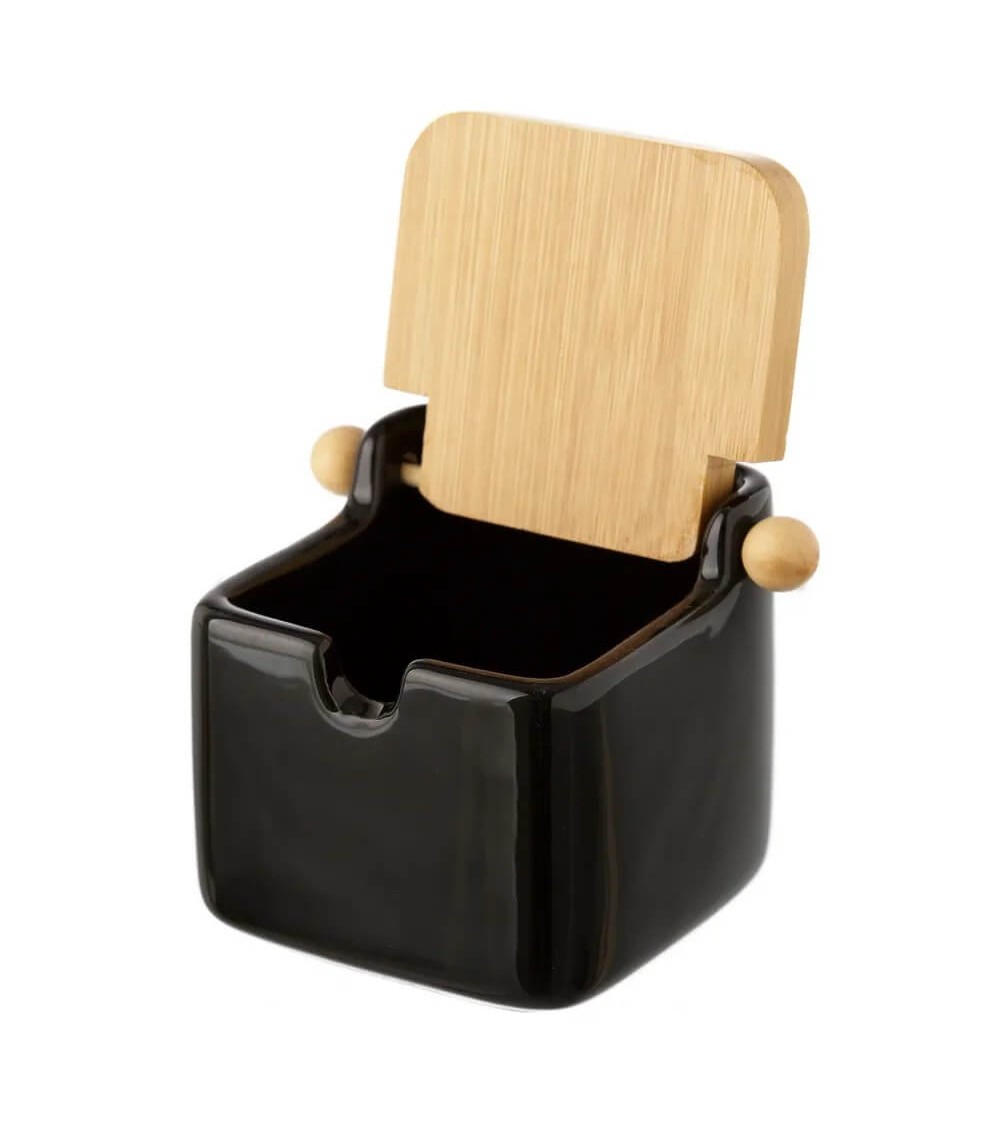 Dcasa Azucarero Negro Stoneware Con Tapa De Bambú