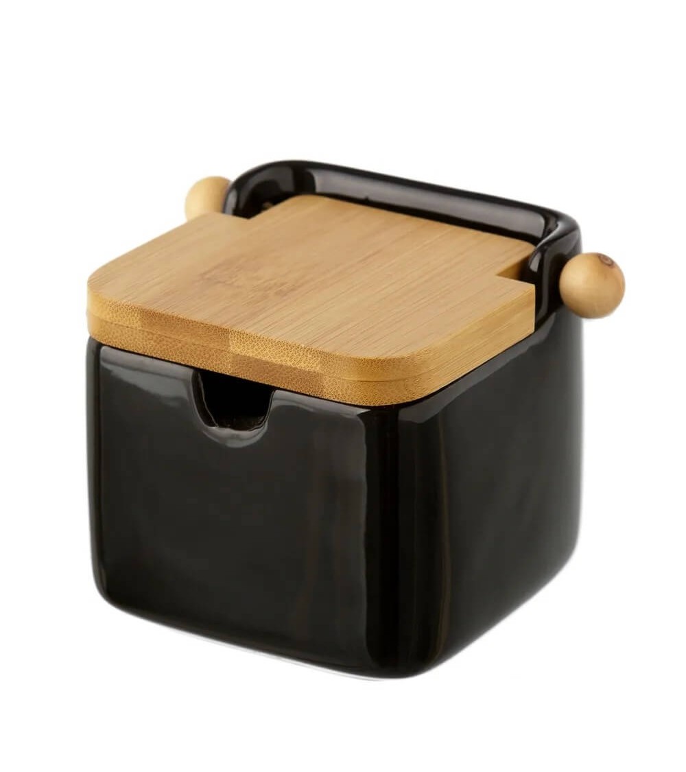 Dcasa Azucarero Negro Stoneware con Tapa de bambú