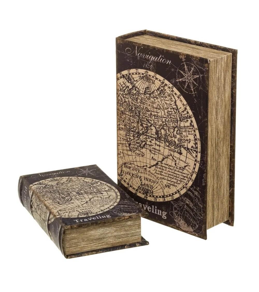 Dcasa Set de 2 cajas libro de madera de mapa negro